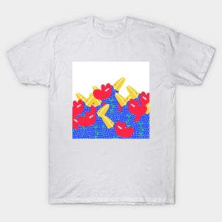 Blue funny birds with red flowers, version2 T-Shirt
